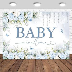 Baby in Bloom Backdrop 7x5ft Sky Blue Flowers Baby Shower Party Decorations Baby Girl's Floral Nature Theme Photography Background