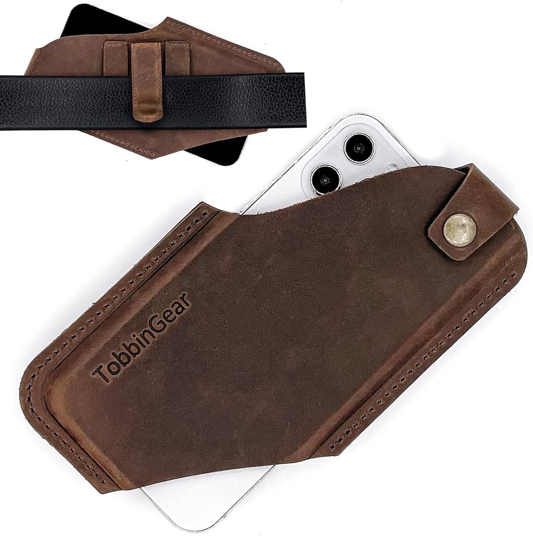 TobbinGear Leather Cell Phone Holster with Belt Clip, Universal Phone Holster for Men Belt Holder, Leather Case for iPhone, Samsung Galaxy Phones, Dark Brown, Large Right Handed