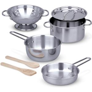 Melissa & Doug Stainless Steel Pots and Pans Pretend Play Kitchen Set for Kids (8 pcs)