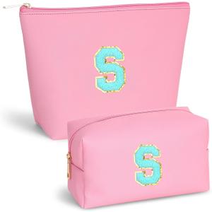 Initial Makeup Bag Set for Women, Personalized Letter Cosmetic Bags, Pink Zipper Makeup Pouch Set, Travel Toiletry Organizer, Birthday Gifts for Girls, Teens & Women