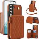 Phone Case for Samsung Galaxy S21 FE 5G Wallet Cell Cover with Tempered Glass Screen Protector Wrist Crossbody Strap RFID Blocking Card Holder Slot S 21 EF S21FE5G UW S21FE 21S G5 6.4 inch Women Brown