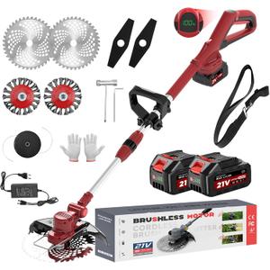 Weed Wacker - Electric Weed Cordless Eater, Foldable and Lightweight Grass Trimmer/Brush Cutter. (with 2 x 4.0Ah Batteries and Fast Charger Included)Red