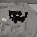 Y2K Kawaii Knit Cute Cat Print Casual Long Sleeve Crew Neck Oversize Pullovers Sweaters for Women (Grey,Medium)