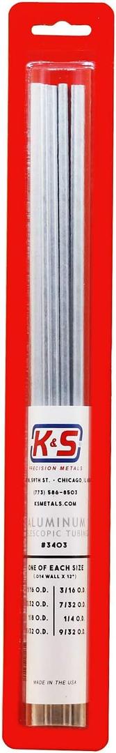 K&S 3403 Round Aluminum Telescopic Tubing Assortment, 1/16, 3/32, 1/8, 5/32, 3/16, 7/32, 1/4, 9/32 O. D. X 014" Wall Thickness X 12", 8 Pieces, Made in The USA