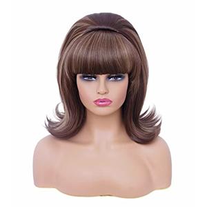 Rugelyss Short Brown Mixed Wig with Bang Retro Bouffant Beehive Wigs fits 80s Costume or Halloween Party