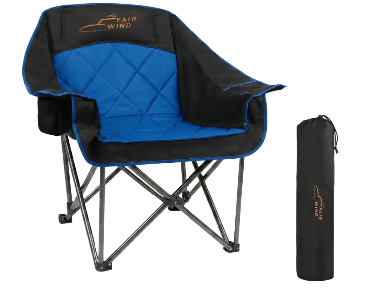 FAIR WIND Oversized Padded Camping Chair Heavy Duty Quad Fold Arm Chair Portable for Outdoor - Support 500LBS, Blue