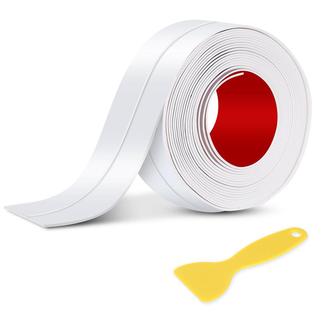 White Caulk Tape Sealant - 1 Roll Waterproof Self-Adhesive Tub & Wall Sealing Strip for Bath & Kitchen Shower Corner Sink Edge Toilet Base
