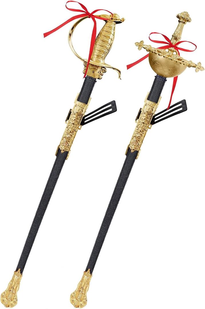 2pcs Toy Sword,27" Fencing Sword Toys,Plastic Musketeer Sword and Sheath for Kids Role-Play Props,Halloween Cosplay (Gold Style 2)
