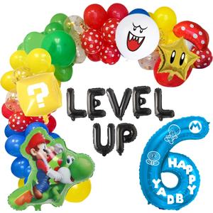 HOMEZZO Video Game 6th Birthday Party Supplies, Level Up Letter Balloons, Boo Balloon, Balloons Arch for Kids 6th Birthday Decorations