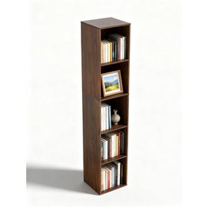 5 Cube Storage Organizer, Narrow Open Shelf Bookcase, Freestanding 5 Tier Low Display Bookshelf for Home Office, Living Room, Bedroom, Dark Brown & Black Walnut