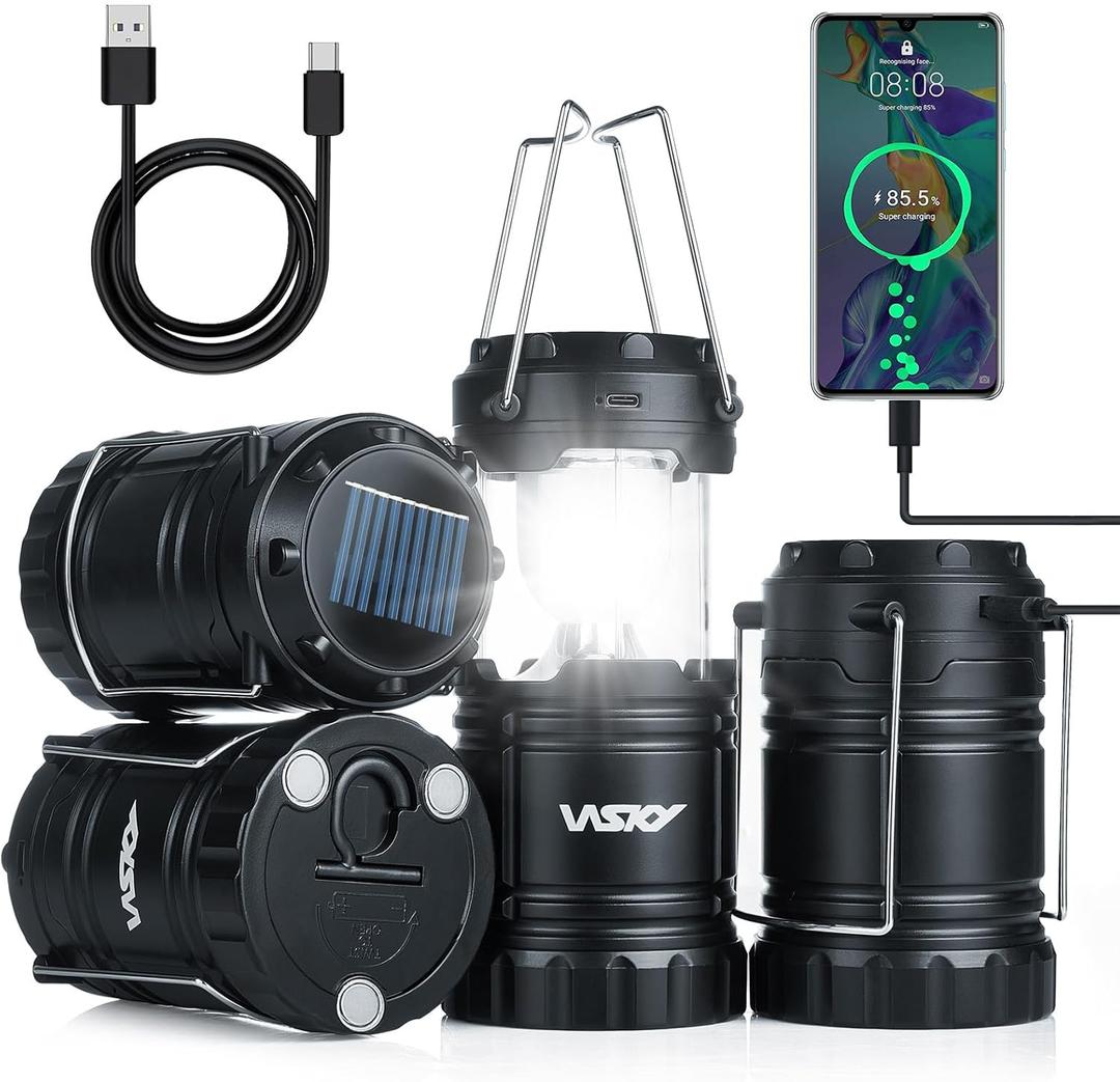 Wsky Solar Camping Lantern 4-Pack - Rechargeable LED Lights, Magnetic Base & Foldable Hanging Hook- Collapsible Lamp Battery Powered Perfect for Power Outages, Hiking, Campsites, Emergencies