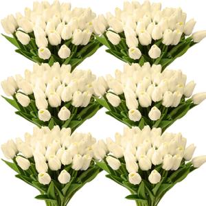 Janinka 100pcs Artificial Tulip Flowers Fake PU Tulips Faux Latex Bouquet Flower Centerpieces Arrangement Floral for Mother Day Wedding Spring Decorations (Milk White)