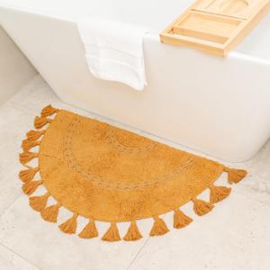 Unique Boho Rug - Half Circle Mat with Crochet Insert Detail & Tassels - 100% Cotton Boho Bathroom Rugs - Decorative Non-Slip Bohemian Rug for Bath & Bedroom - Cute Boho Decor - Yellow Mustard
 20"x32"