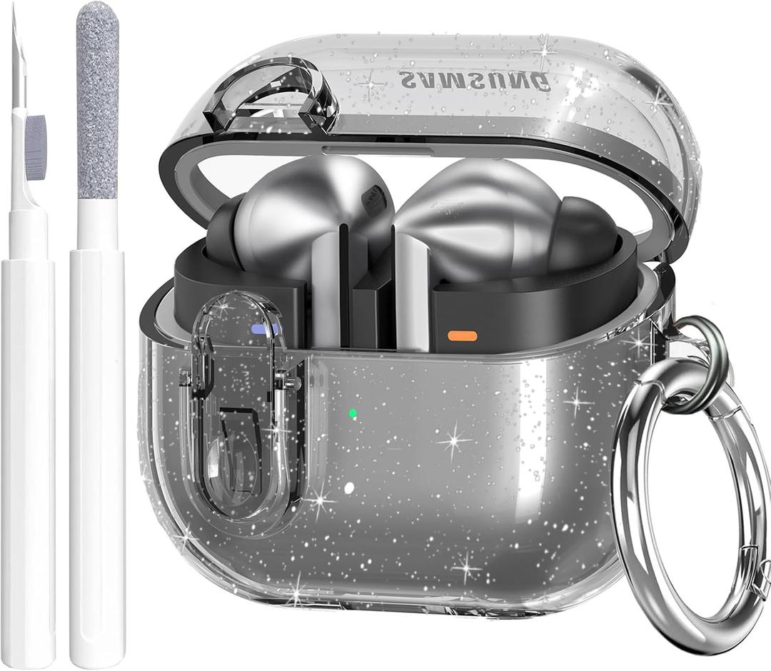 OTOPO Compatible with Samsung Galaxy Bud 3 Pro Case/Buds3/Buds 3 FE Case Clear Lock Clip with Cleaner Kit, Transparent TPU Galaxy Buds Pro 3 Protective Cover Men Women with Carabiner, Glitter Black