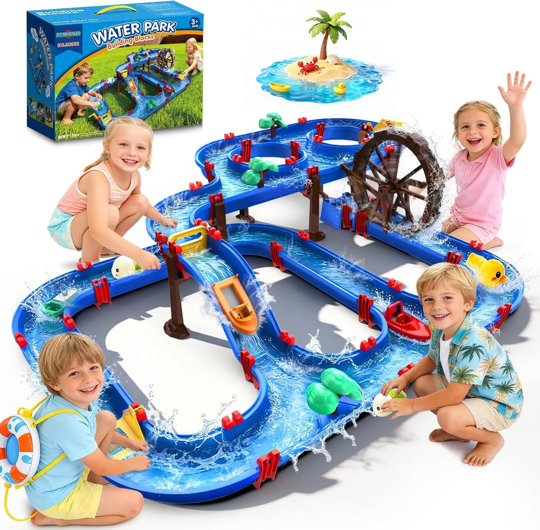 TERRAMUS 2-Tier Water Table Toys with Watermill for Kids, Upgraded Large 115PCS Water Park Playset, Summer Toys DIY Waterways for Backyard Beach Pool Lawn, Outdoor Toy for 3-5 4-8, Gifts for Boys Girls