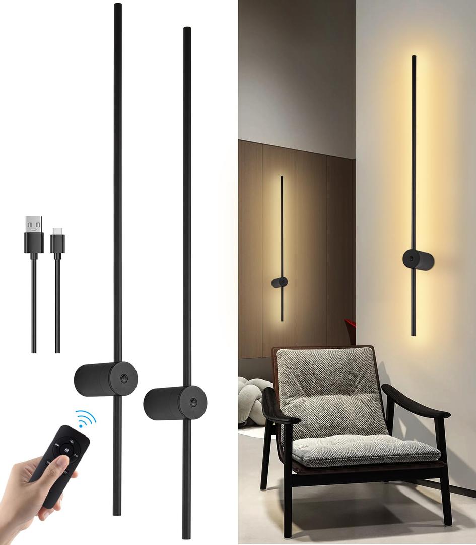 Battery Operated Wall Sconces Set of Two, USB Rechargeable Wall Lights with Remote Control, Dimmable LED Wall Lamp Indoor, 360degree Rotation Wireless Lights for Living Room Bedroom Hallway, Black, 39 inch