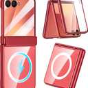 YQODSZ for Samsung Galaxy Z Flip 7 2025 Magnetic Case, Clear Phone Case with Magsafe Accessories, Screen Protector, Hinge Cover, Anti-Yellow, Full-Body Slim Thin Red Case