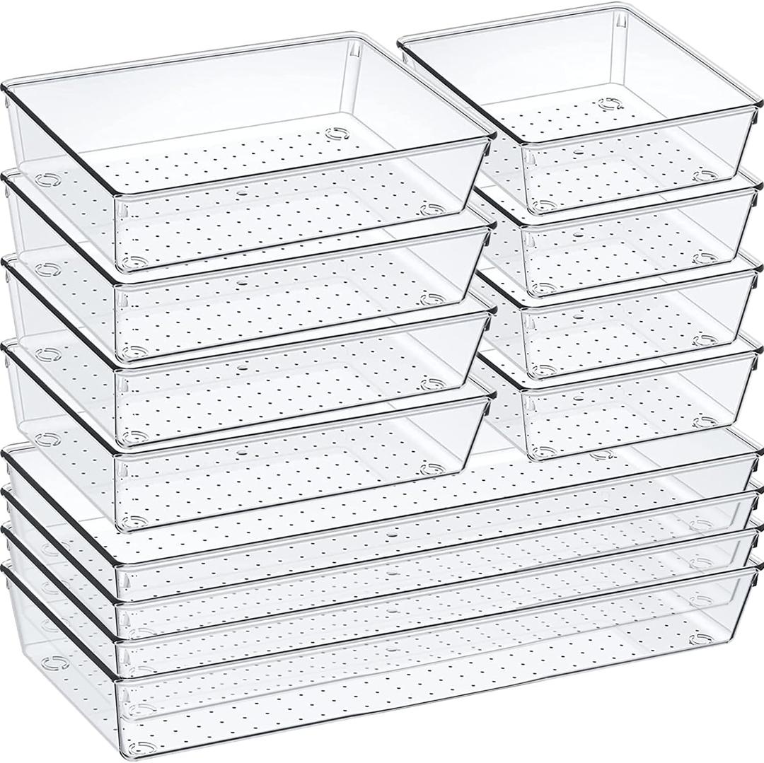 12 Pack Clear Plastic Drawer Organizer Set, Acrylic Non Slip Non Cracking Kitchen Drawer Storage Tray Large Size Divider, Multifunctional Storage for Cosmetics, Bathroom, Tools, Kitchen and Office