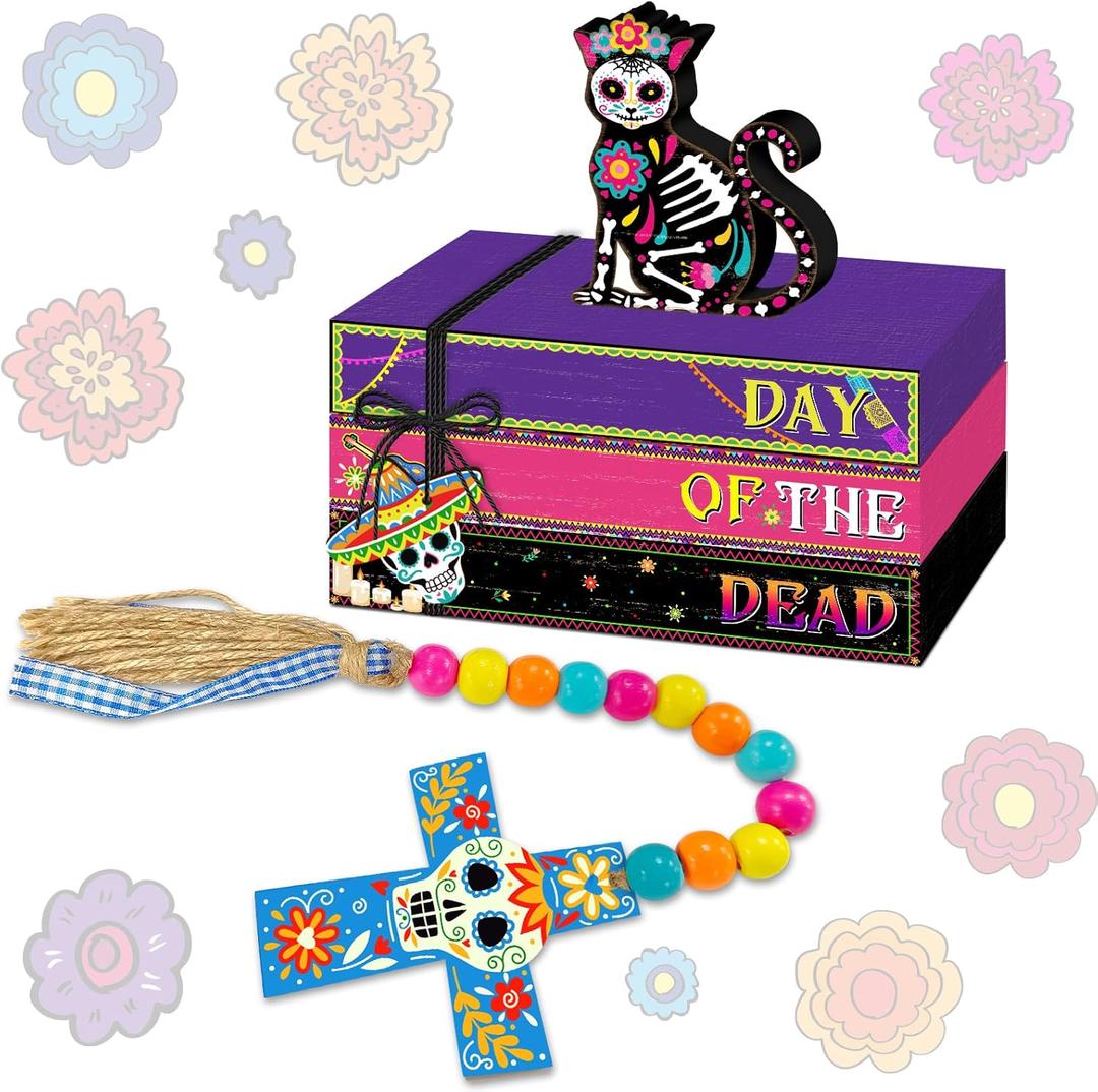 6 Pcs Day of the Dead Table Decoration Skeleton Cat Tiered Tray Decor Colorful Wooden Faux Book Stack Sign with Skull Accent Halloween Centerpiece for Home Shelf Kitchen Office Mantel Dcor