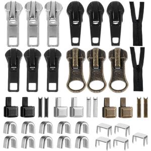 41 Pcs Zipper Repair Kit Black Separating Jacket Zippers Universal Replacement Slider Kit Metal Zippers Retainer Box Top Stop Bottom Replacement Zipper Fix Repair Tool for Jacket Coat Boot Backpack
