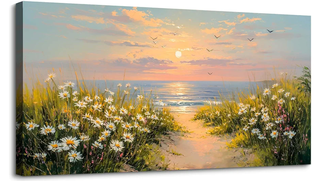 SLYCAY Extra Large Beach Wall Art, Coastal Sunset Pictures Wall Decor Ocean Landscape Painting Floral Canvas Prints Living Room Office Bedroom Artwork 24"X48"