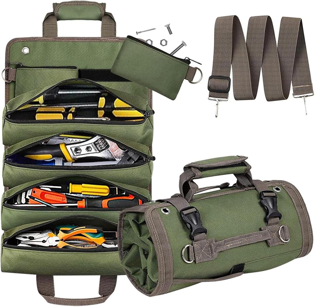 Tool Organizer Bag, Foldable Roll Up Bag Organizer w/ 2 Detachable Pouches, Heavy Duty Tool Storage Organization for Mechanic Carrying Toolbag, Dad Men Birthday Father Day, Gifts for Him (Green)
