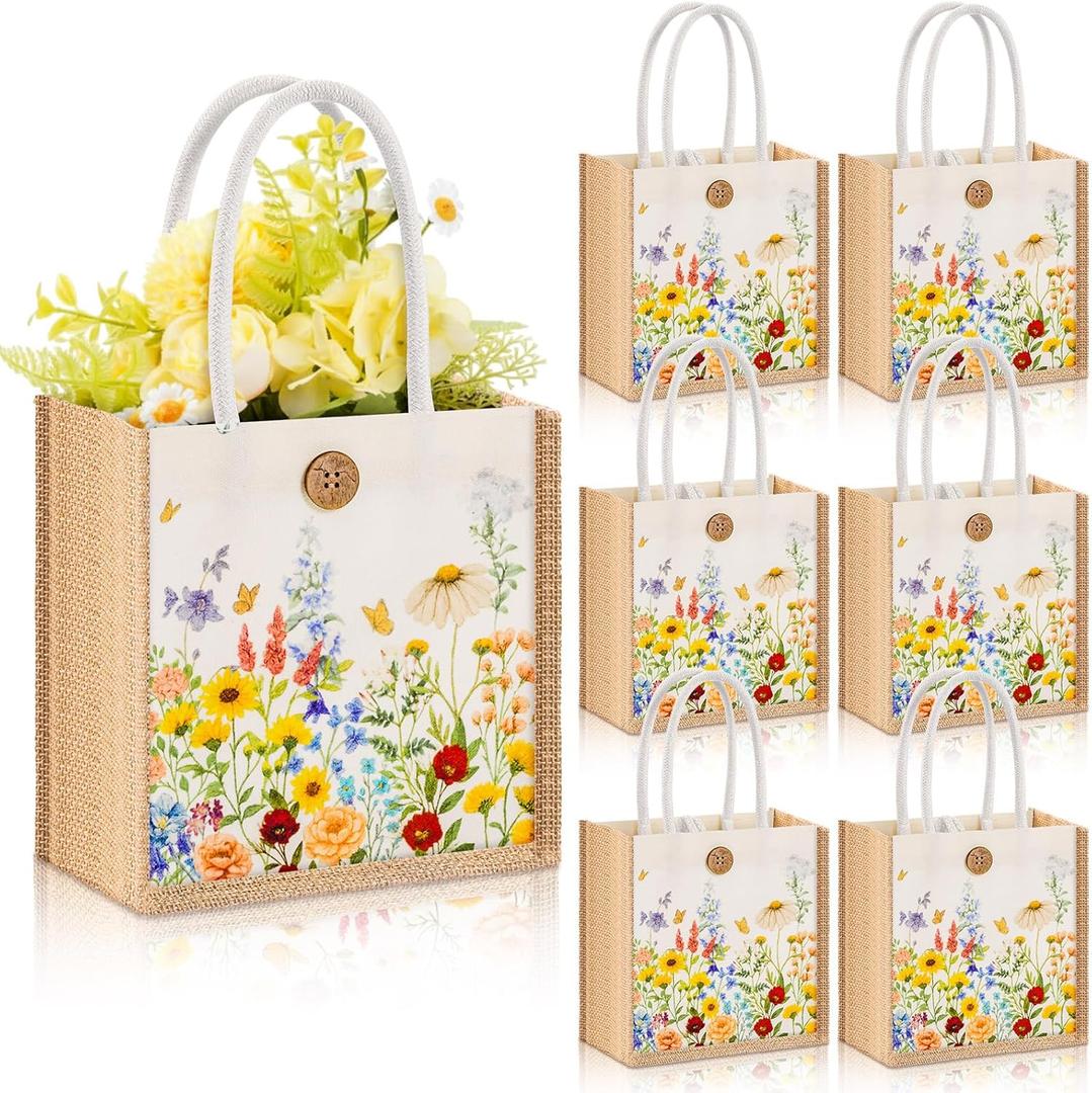 Abbylike 6 Pcs Floral Gift Bag Mini Reusable Flower Cielito Lindo Burlap Goodie Tote with Handle Button for Spring Wedding Bridal Shower Party Favor (Pastel Wildflowers)