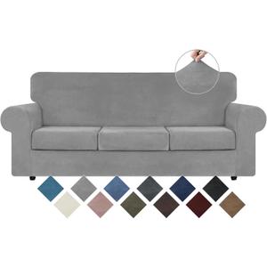 WEERRW 4 Pieces Velvet High Stretch Couch Covers for 3 Cushion Couch Sofa Slipcovers, Washable Furniture Protector with Non Slip Elastic Bottom, Feature Soft and Thick Plush Fabric, Silver Grey, Large (Large, Silver Grey)