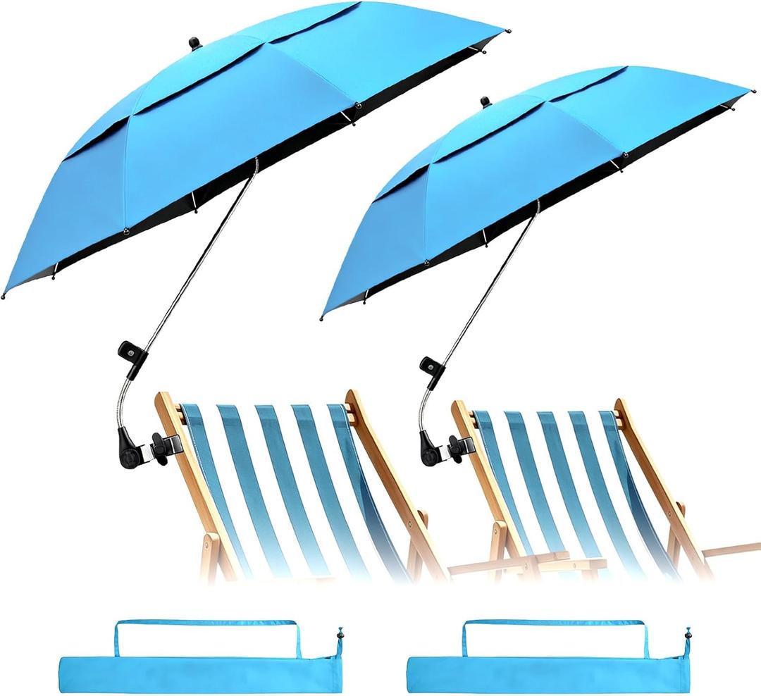 2 Pack 42 Inch Double Canopy Beach Chair Umbrella with Clamp, UPF50+ Clip on Beach Umbrella with 360 Swiwel Arm & Adjustable Clip, Portable Sun Shade for Wheelchair, Stroller, Camping (Sky Blue)