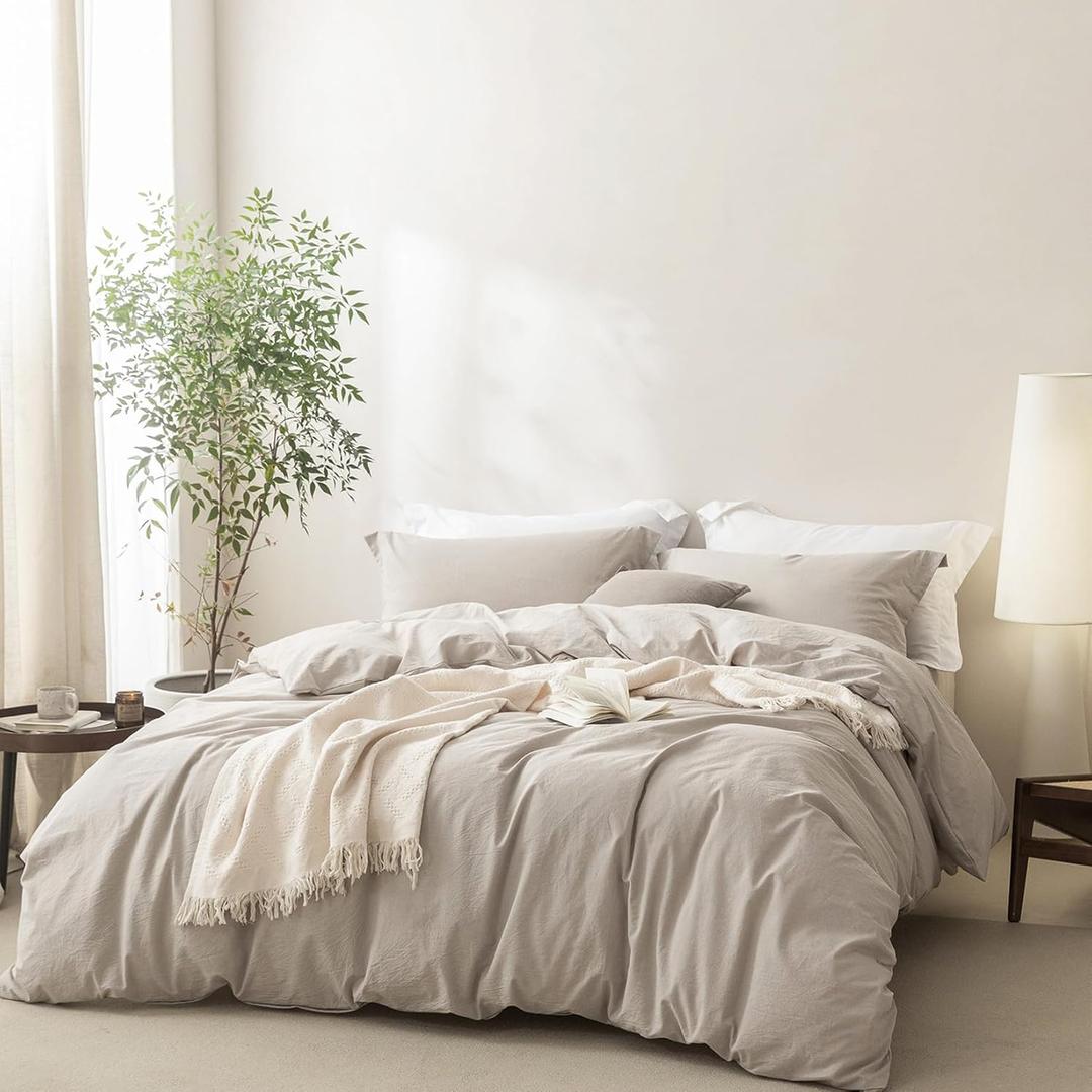 BDEAR 3 Pieces Cream Grey Duvet Cover Set King Size 104'' W x 90'' L, 100% Washed Cotton Duvet Cover with Zipper Closure Plus 2 Pillowcases, Oeko TEX Standard Certificated, Cozy Feel