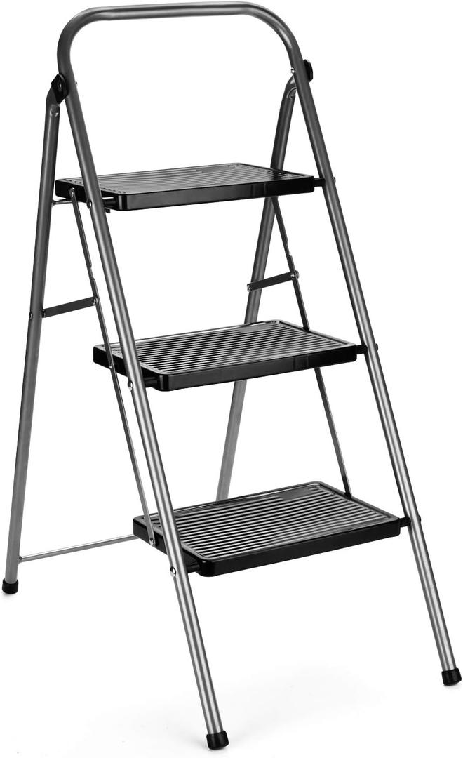 3 Step Ladder Folding Step Stool Anti-Slip with Wide Pedal Handrail,Heavy Duty Sturdy Safe Steel Small Ladder for Kitchen Closet,Portable Collapsible Foldable Compact Step Stool for Adults Grey