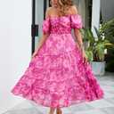 ABYOVRT Women Floral Maxi Dress Short Puff Sleeve V Neck Bohemian Flowy Dress Smocked Casual Spring Summer Dresses (Pink, M)