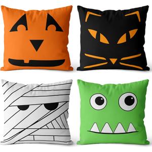 Halloween Pillow Covers 18x18 inch Set of 4, Zombie Cats Mummy Trick-or-Treat Ghost Throw Pillow Covers for Fall Halloween Decorations Halloween Party Pillows Decorative Pillow Covers for Couch Sofa