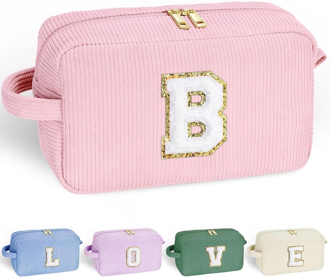 YOOLIFE Girls Makeup Bag - Personalized 5 6 7 8 9 10 Year Old Girl Birthday Gift Initial Cute Make Up Bag Makeup Bag Cosmetic Skincare Bag Wedding Bride Gifts Birthday Gifts for Girls Women Letter B (Pink)