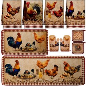 Fourluoo 10 Pcs Rooster Chicken Kitchen Dish Towels Rugs Oven Mitts and Pot Holders Sets Farmhouse Rustic Rooster Kitchen Decor Set for Cooking Baking Grilling Women Mom Gift(Brown)