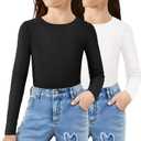 Arshiner Girls Long Sleeve Ribbed Knit 2 Packs Black and White Tops for Kids Slim Fit Girls Base Layer Shirts Crewneck Casual Kids Undershirt Size 8 Years