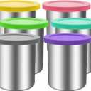 Stainless Steel Pint Containers & Lids Compatible with Ninja Creami ice Cream Maker NC500, NC501, CN501CO Delux Series 6 Pack, 24 oz, Silicone Lids, BPA-Free, Dishwasher Safe