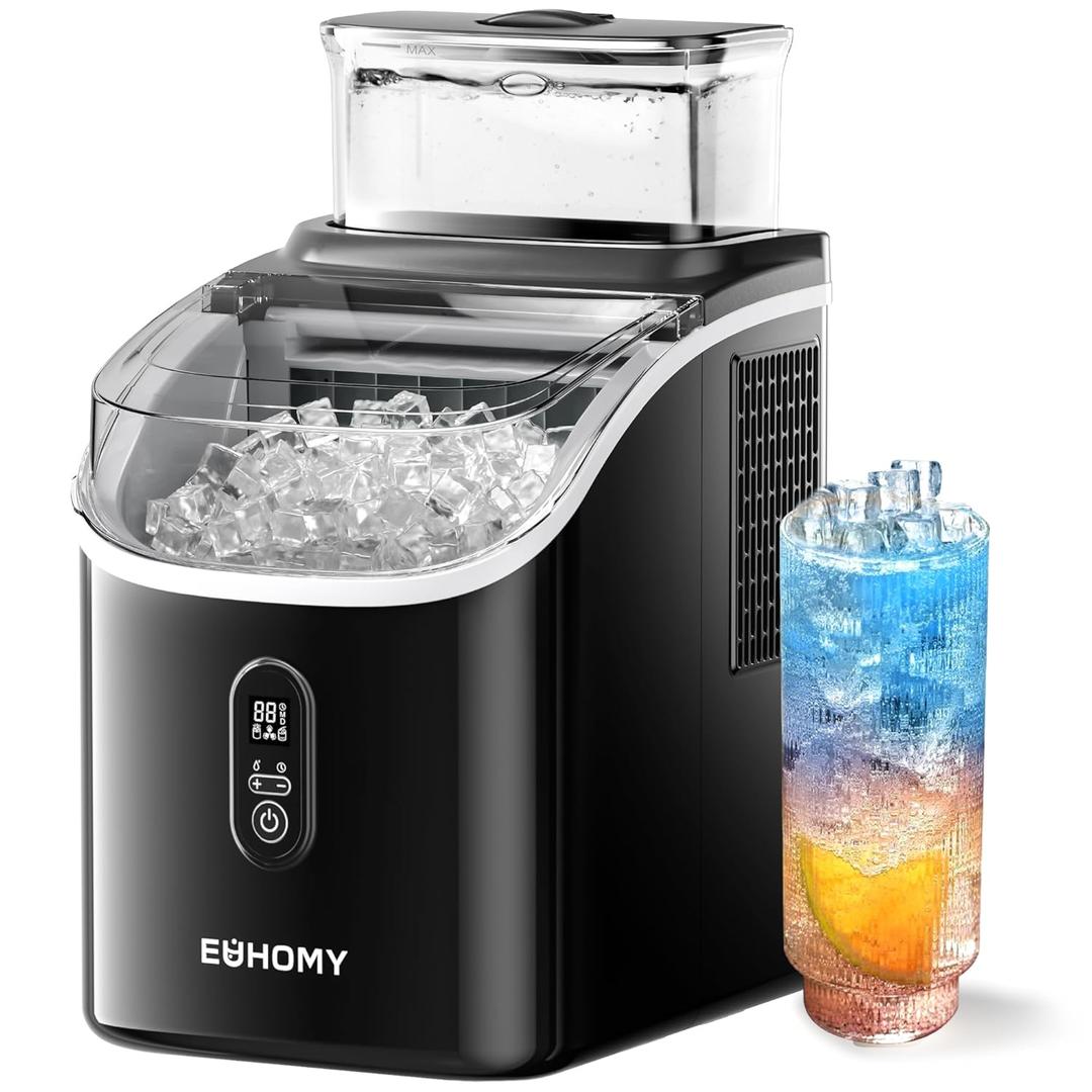 EUHOMY Ice Cube Maker Machine Countertop with External Water Tank, 34Lbs, 16Pcs Ready in 13 Mins, 2 Ways to Add Water, Auto-Cleaning, with Ice Scoop & Basket, for Home/Kitchen/Office/Bar, Black 