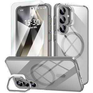 MATEPROX Compatible with Samsung Galaxy S25 Case with Stand, Magnetic Clear Crystal Shockproof Bumper Cover with Screen Protector for S 25 6.2'' (2025)-Grey