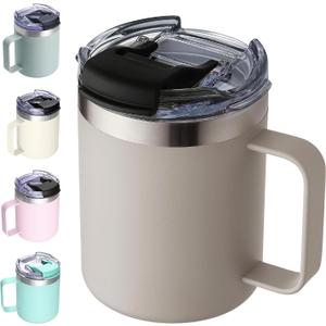 ALOUFEA 12oz Insulated Coffee Mug Cup with Handle, Stainless Steel Travel Coffee Mug with Flip Lid, Double Wall Vacuum Coffee Tumbler, Apricot