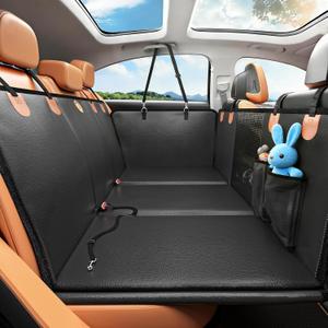 MYJAQI Back Seat Extender for Dogs, PU Leather Dog Car Seat Cover for Back Seat with Hard Bottom, 100% Waterproof, Scratch Proof and Anti Slip Dog Hammock for Car, Holds 400lbs, Black+Saffron, Large