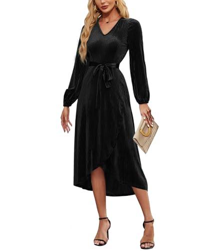 ETOSELL Women's Velvet V Neck Puff Sleeve Dress for Wedding Guest Cocktail Elegant Bodycon Party Midi Dress XL