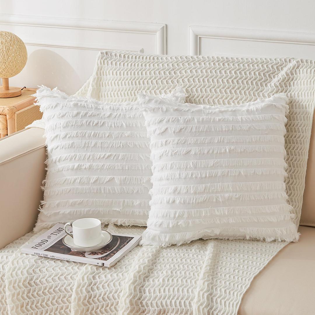 JELLYMONI Pack of 2 Linen Cotton Couch Throw Pillow Covers 16x16 Inch, Decorative Couch Pillow Covers with Fringe Design, Soft Square Cushion Covers for Couch (Orange)