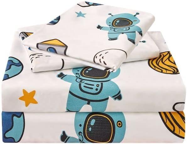 JSD Blue Astronaut Kids Sheet Set Twin Size, 3 Piece Space Rocket Printed Microfiber Bed Sheets Deep Pocket