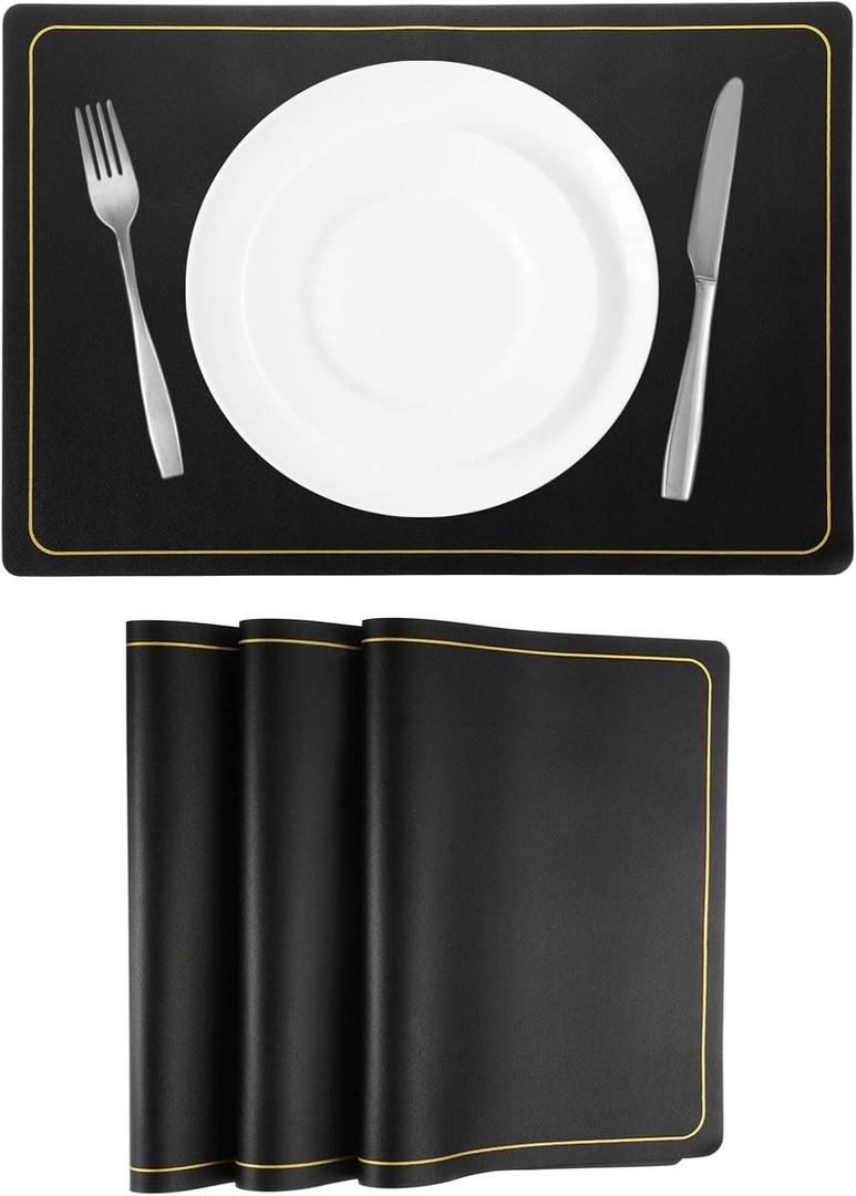 uxcell 4 Pcs Faux Leather Placemats, Black Gold Line, Heat Resistant, Waterproof, Oil Proof, Rectangle Table Mats (18 x 12 inches)