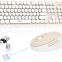 Cream Wireless Keyboard Mouse, COOFUN 104 Keys Full Size White Keyboard Ergonomic Cordless Keyboards Cute Colorful Retro Typewriter Key Board for Windows, PC, Laptop, Desktop (Creamy)