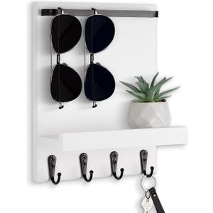 Key Holder Wall Mount, Key Holder for Wall with 4 Hooks, Farmhouse Key Hanger Holds Dog Leash, Sunglasses Decorative Mail Organizer Home Decor (White)