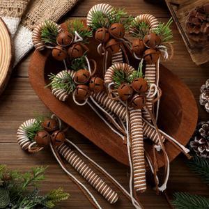 6 Pcs Beige Rustic Christmas Candy Cane Ornaments 7 Inch Burlap Wrapped Farmhouse Candy Cane Christmas Tree Hanging Decoration with Bells for Home Xmas Crafts Party Decoration