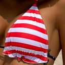 Women American Flag 7th of July Triangle Halter Thong Bikini Set Ruffle Sexy String Two Piece Swimsuit Bathing Swimwear (M)