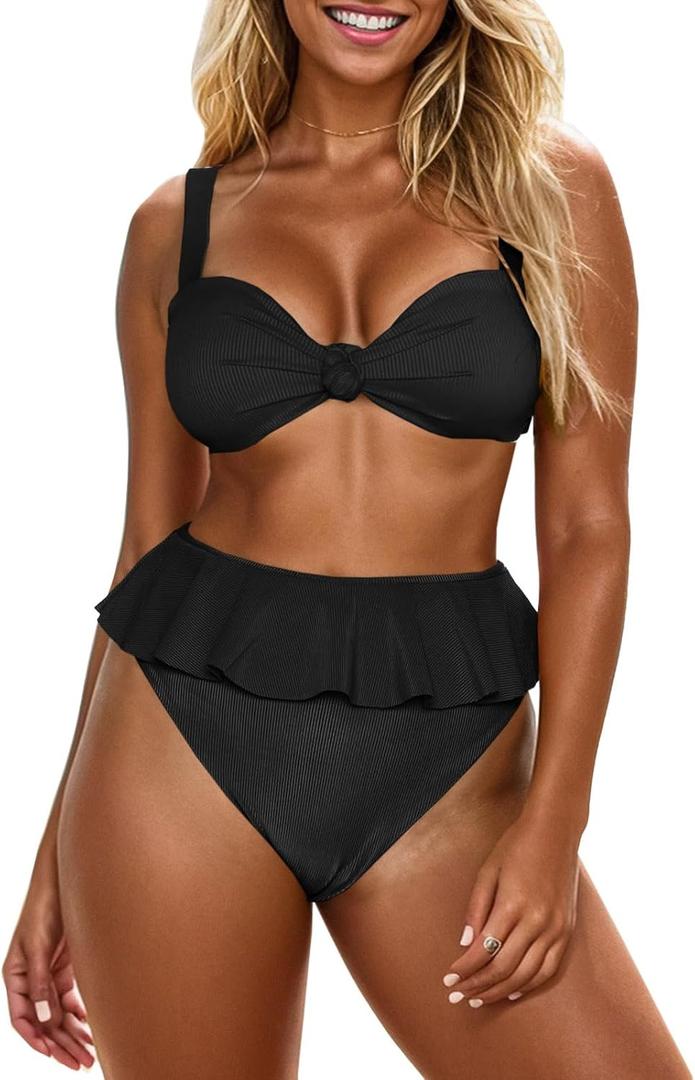Saodimallsu Womens 2 Piece High Waisted Swimsuit Ruffle Bikini Sets Twist Knot Ribbed Bathing Suits (Small, Black)